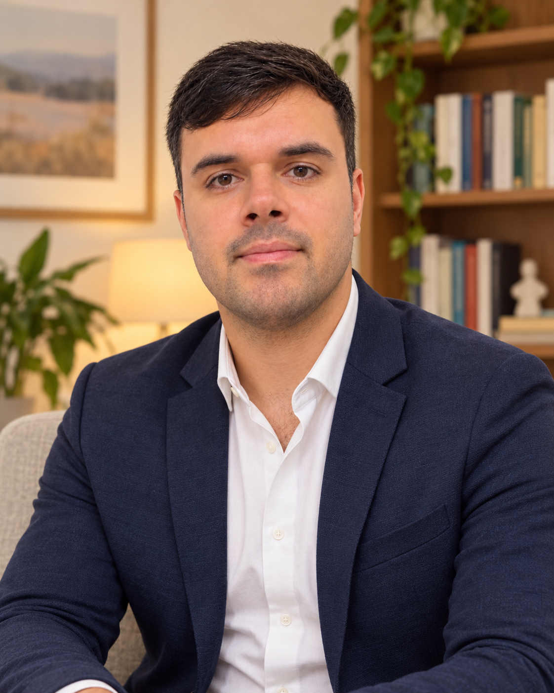 Douglas Bom em retrato profissional, sentado em ambiente terapêutico acolhedor